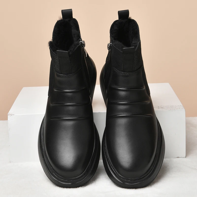 WAERTA High Quality New Men\'s Winter Chelsea Boots Casual Genuine Leather Shoes Male Waterproof Plush Warm Ankle Snow Men Boots