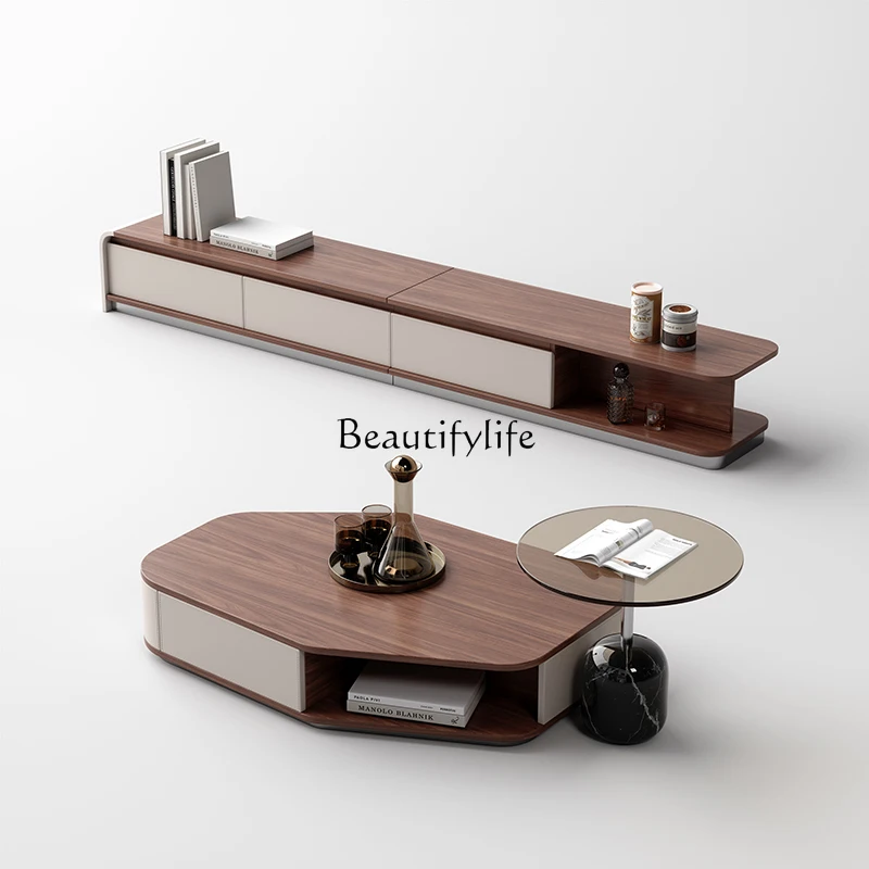 

*Retro style natural walnut pattern TV cabinet, high-end solid wood saddle leather floor cabinet