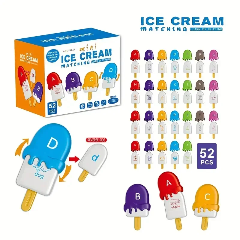 Juguetes de helado con letras a juego, alfabeto que combina con mayúsculas, Color más bajo, juego de emparejamiento cognitivo, aprendizaje educativo para niño y niña