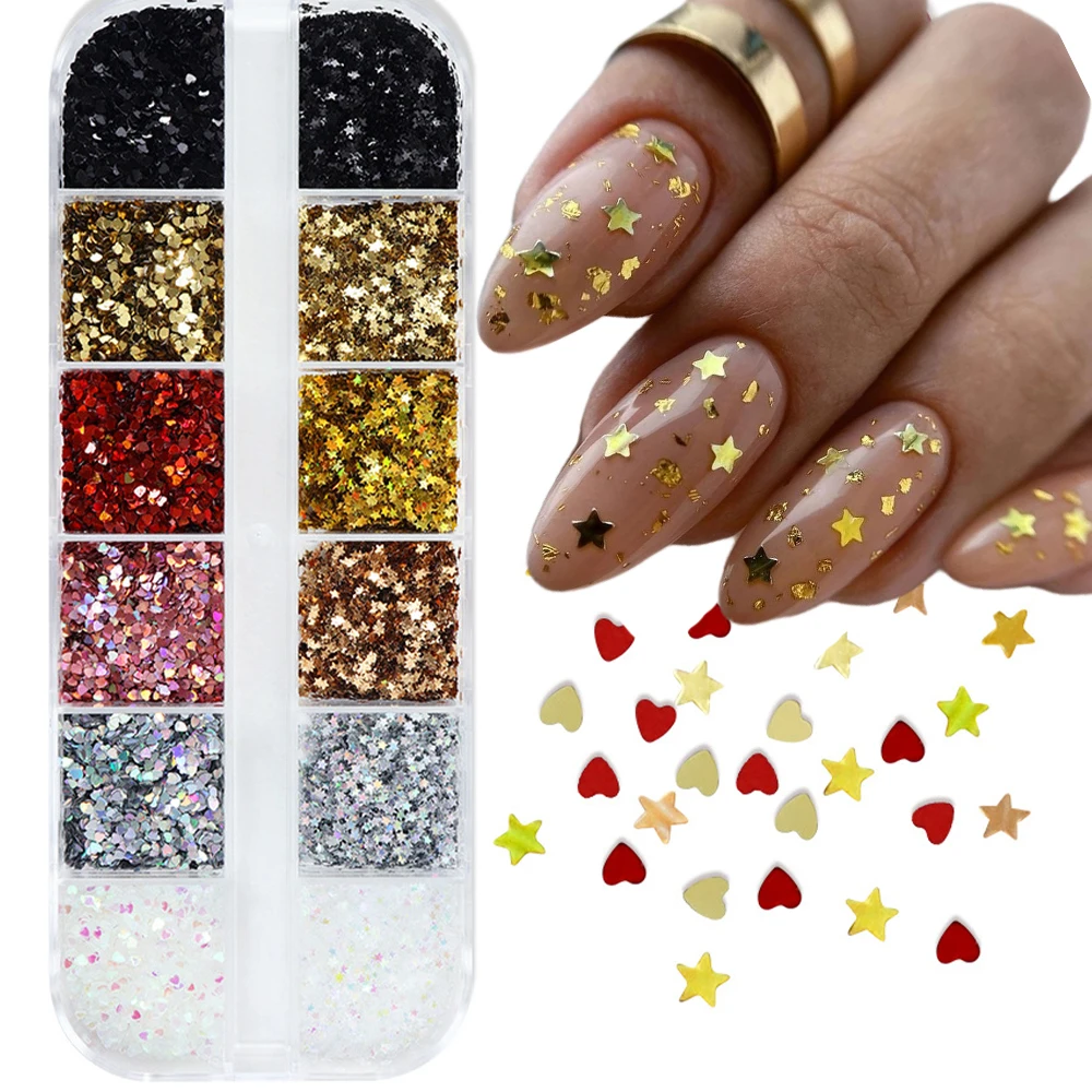 12Grids Sparkly Stars Heart Sequins Gold Holographic Nail Art Flakes Sequins Glitter Charms New Year Christmas Nail Supplies 1mm