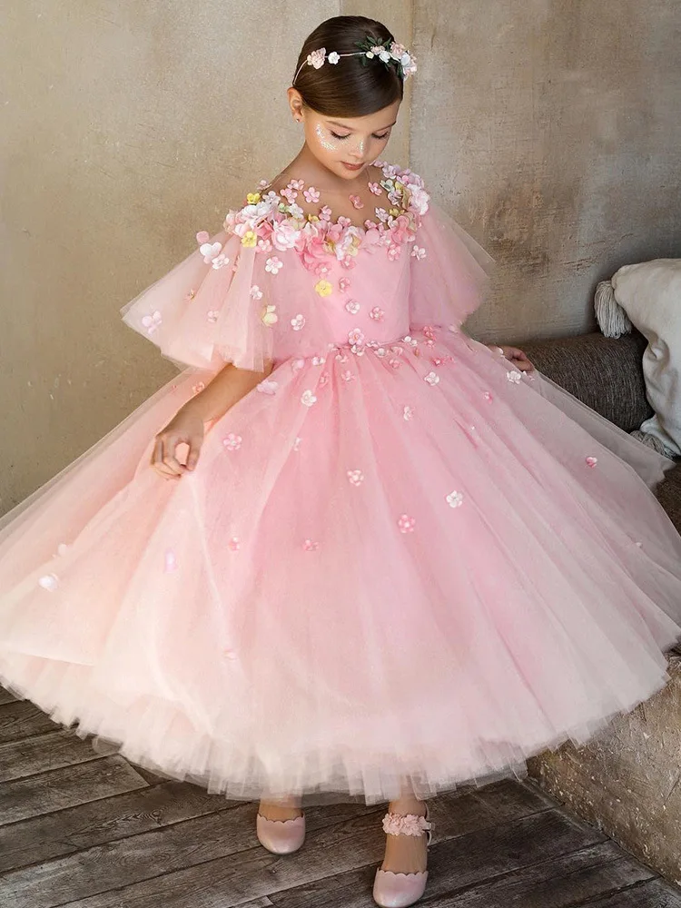 Vestido de casamento de luxo Fairy Flower Girl com arco de pérola, vestido infantil, vestidos de bebê, festa de aniversário, comunhão sagrada