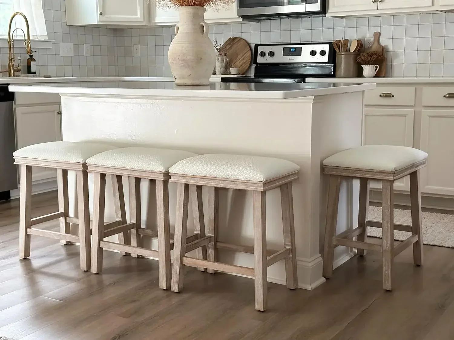 BestsellerBestsellerSolid Wood Bar Stools Set of 4 for Kitchen Counter Counter Height Antique Barstools with Faux Leather Farmho
