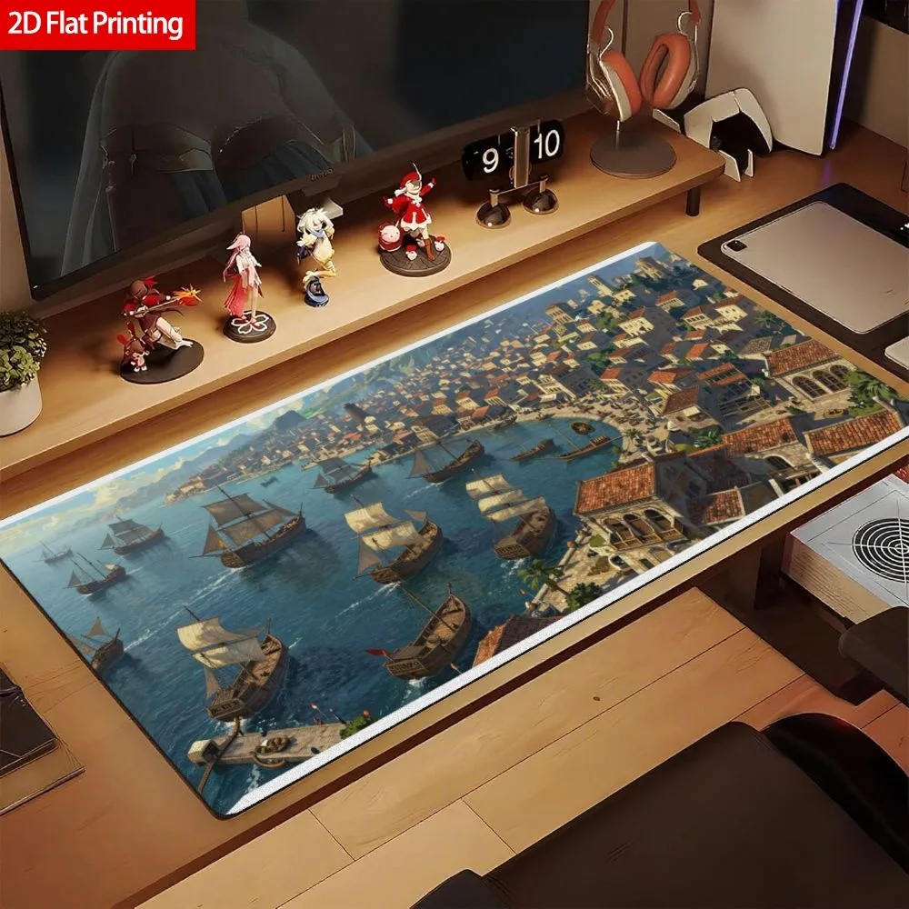 Mouse pad featuring scenic coastal harbor, with sailboats and Mediterranean towns. Anti-slip rubber bottom. decoration