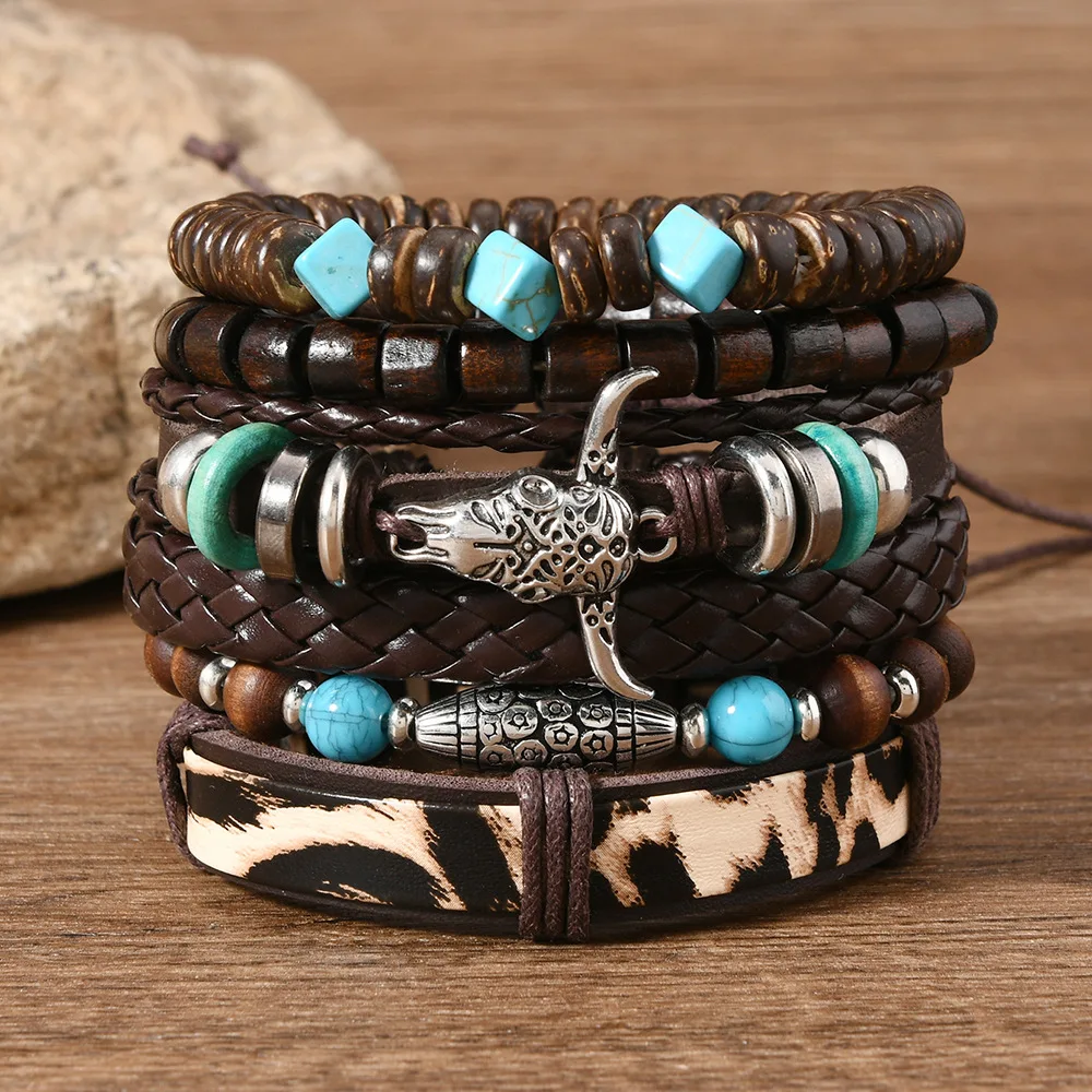 Bohemia Ethnic Leather Men’s Bracelets Vintage Bull Head Multi Layer Cowhide Wooden Beaded Leather Bracelets Gifts