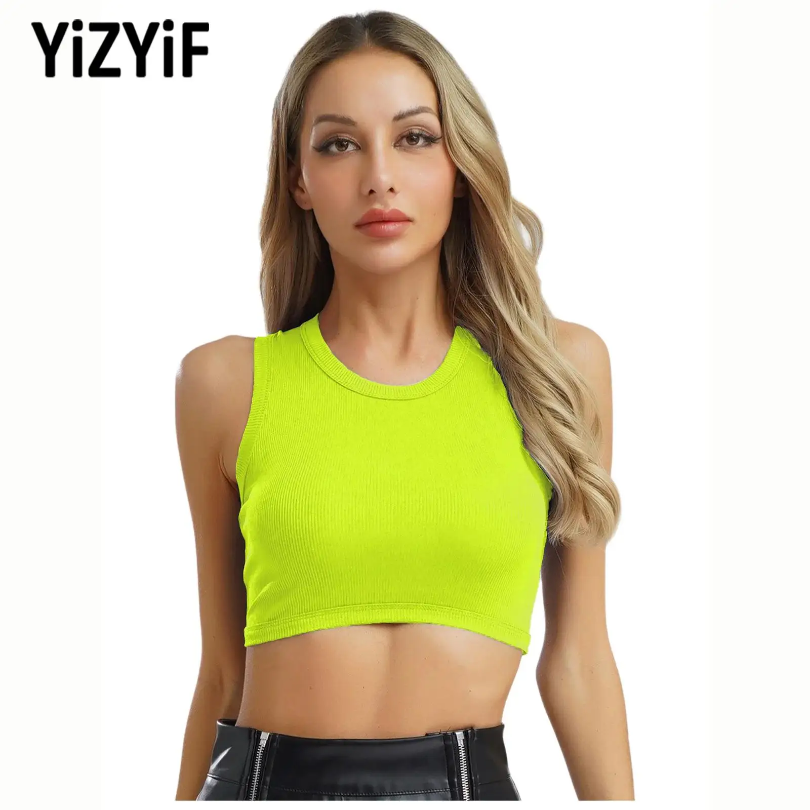 

Fashion Womens Sleeveless Vest Stretchy Knitted Tank Top Round Cropped Tops Sport Casual Vest for Raves Holiday Party Clubwear