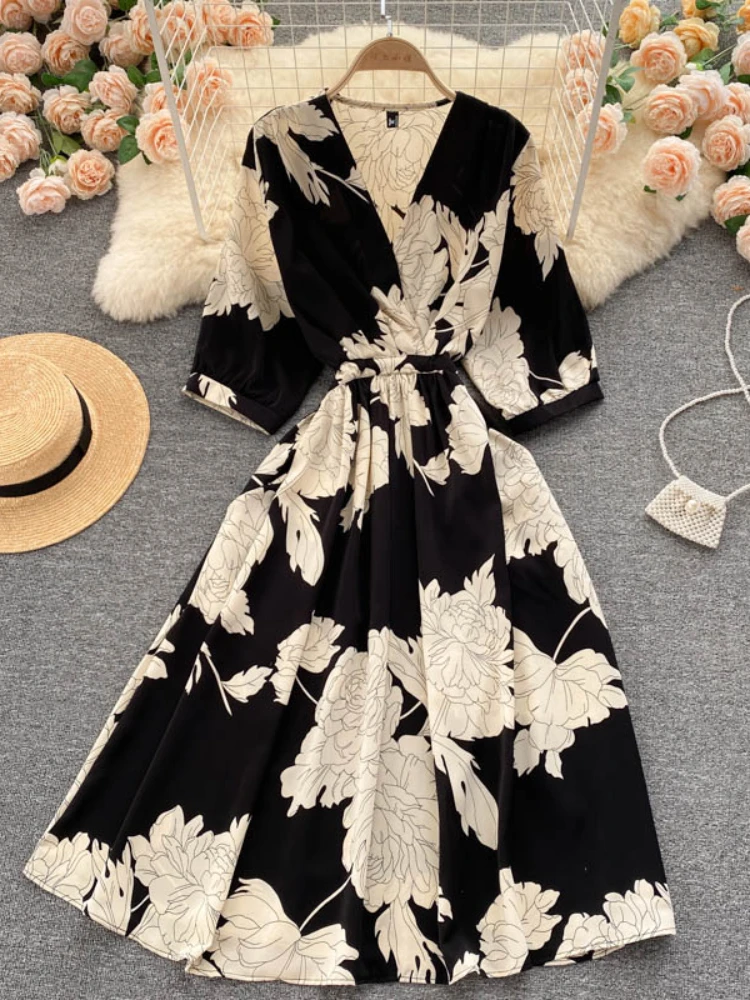 

Women Vintage Elegant V-neck Short Sleeved High Waist Slim A-line Dress Summer Print Chiffon Beach Vacation Party Robe Vestidos