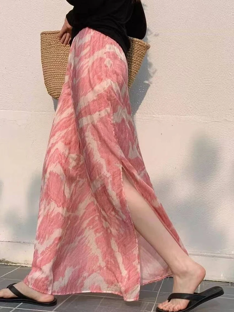 Beach Women Sweet Long Skirt Summer Loose High Waist Print Skirts Vintage Casual Korean Female Elegant Ocean Holiday Long Skirt