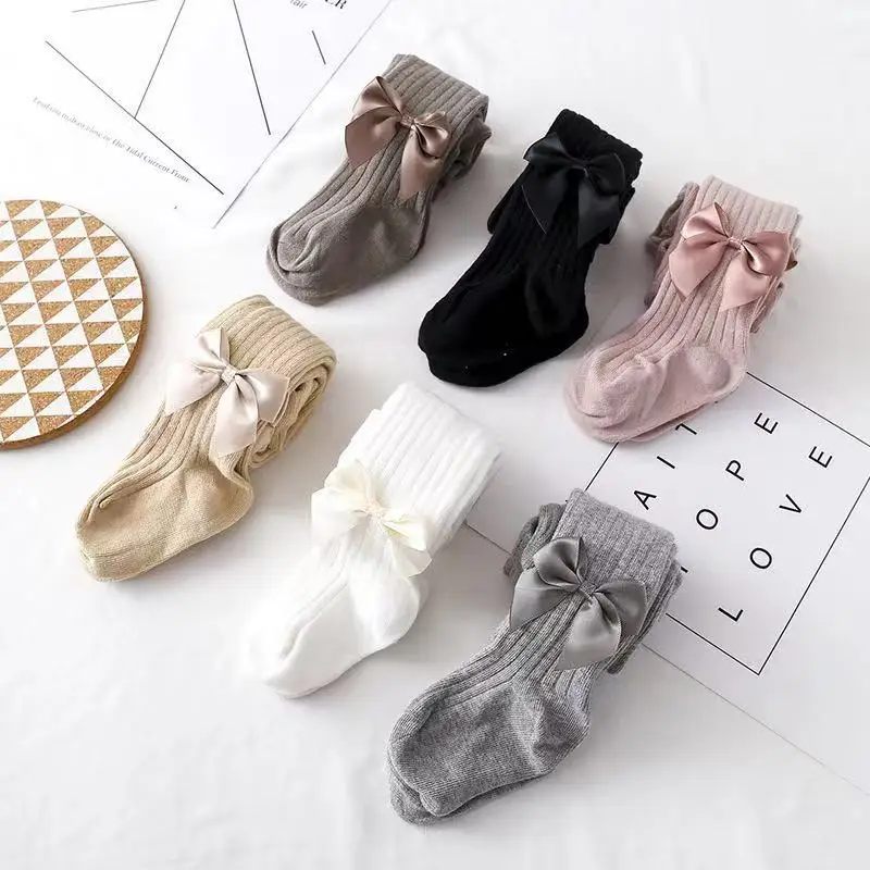 Spring Autumn Children Bowknot Tights Cotton Baby Toddler Girls Pantyhose Kids Infant Knitted Solid Stockings For 0-6Years