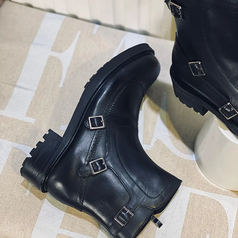 JINIWU 2026 Autumn Winter Men Big Toe Leather Boots Three Buckles Height Increasing Round Toe Chelsea Monk Street Trendy Boots