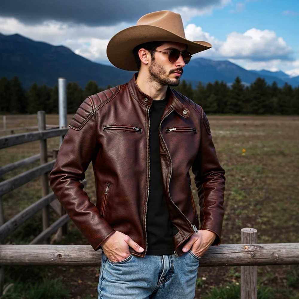 New 100% Cowhide Leather Jacket men Top Layer Clothes Men's Stand Collar Motorcycle Clothes Autumn Winter Plus Size motorcycle