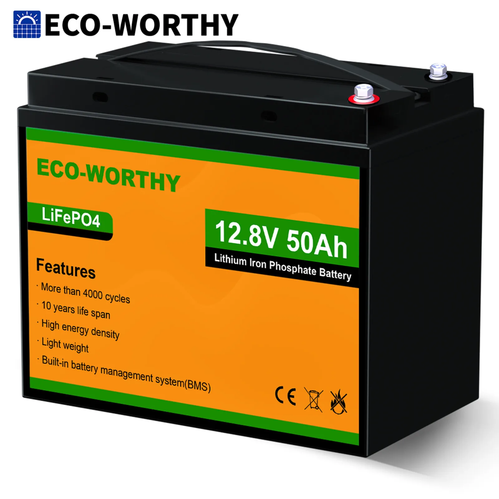 محرك التصيد ECO-WORTHY 12 فولت 50 أمبير بطارية ليثيوم LiFePO4 مع BMS، 3000 ~ 15000 مرة في دورة عميقة، لمحرك التصيد 30 ~ 50 رطل،