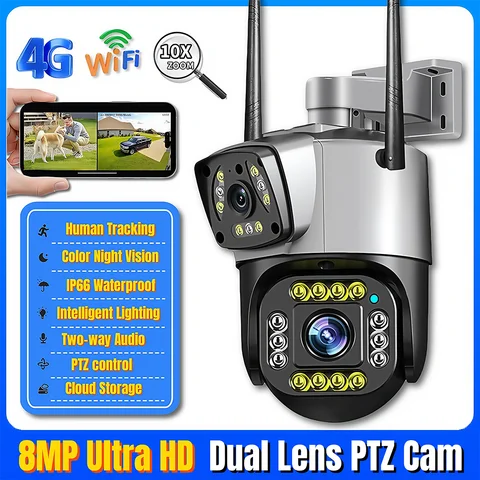 듀얼 렌즈 4G 카메라, 8MP 4K 무선 야외 컬러 나이트 비전 PTZ CCTV, 스마트 보안 홈 감시, V380 와이파이 IP 카메라