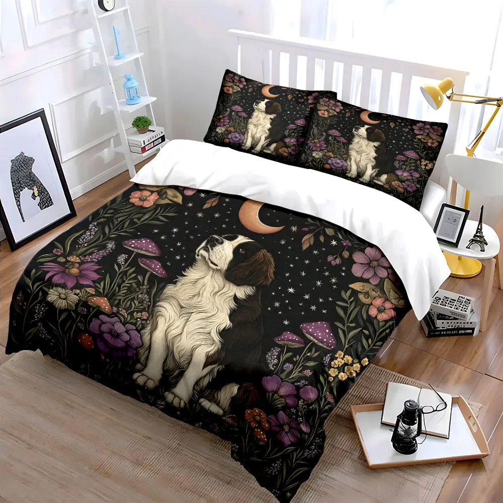 Dog in Night Blooms pattern Bedding Set for Kids Luxury Gift 3pcs Digital Print Comforter Set Soft Comfortable Breathable