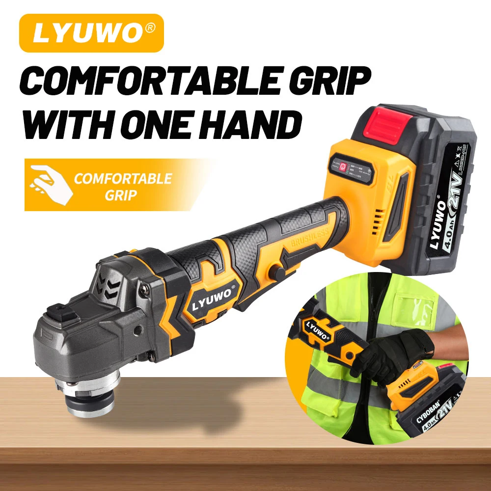 

LYUWO 100 мм Бесщеточная литиевая электрическая угловая шлифовальная машина Перезаряжаемая режущая машина Высокомощная полировальная машина 21 В Электрический инструмент