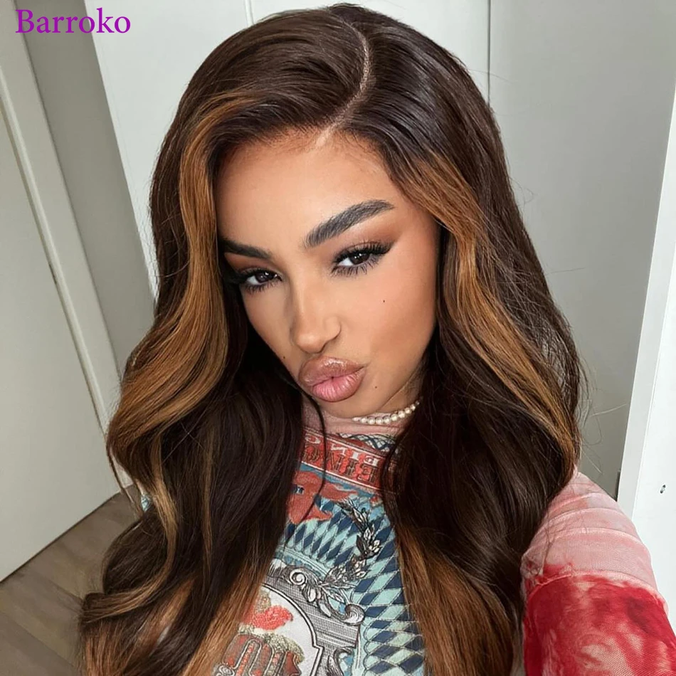 Barroko Body Wave Highlight Wig 1B/27 Colored Transparent Lace Frontal Wigs Human Hair 34 Inch Pre Plucked 180% Brazilian Hair