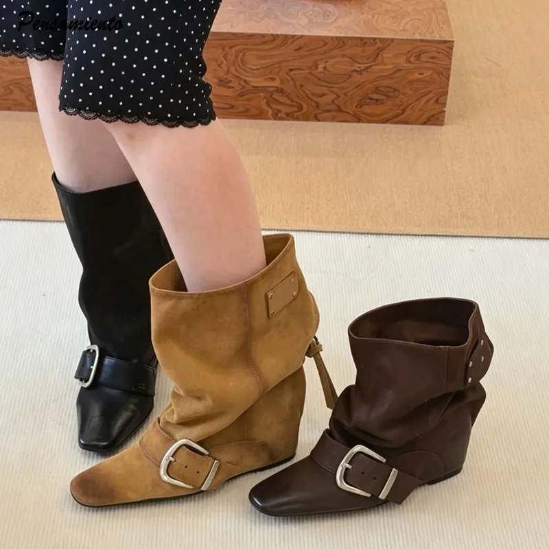 bottes-mi-mollet-pour-femmes-style-vintage-a-talons-compenses-de-5-cm-avec-boucle-de-ceinture-en-faux-daim-chaussures-de-chevalier-western-collection-automne-hiver