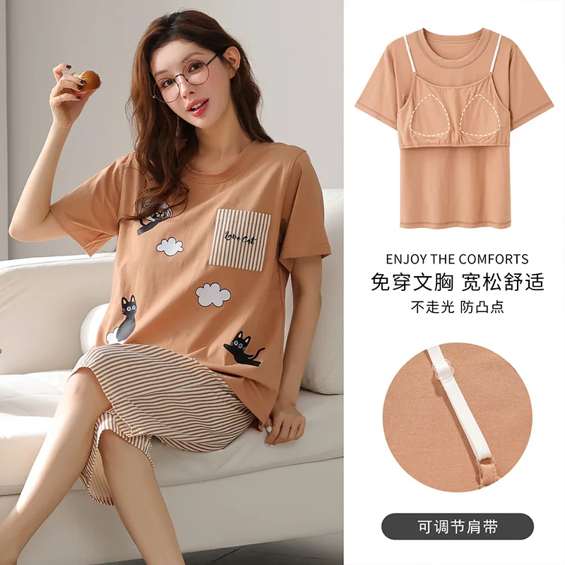 Big Size M-4XL Women Pajamas Set Summer 100% Cotton Pyjamas Female Short Sleeve Calf-Length Pants Sleepwear With Chest Pad
