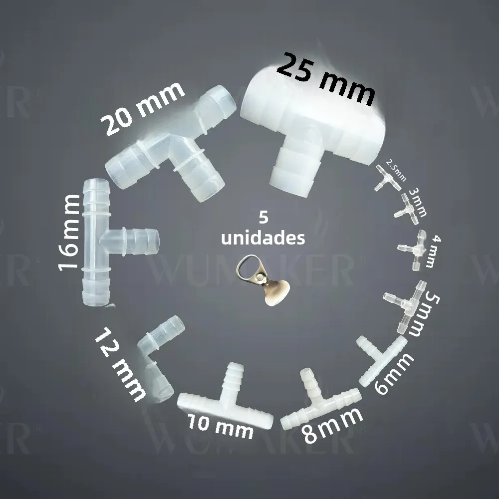 Conectores t estilo t, 5 peças, encaixe farpado de mangueira em forma de t, 3 vias, junta de tubulação de plástico, divisor de fluxo de água de ar para irrigação de jardim