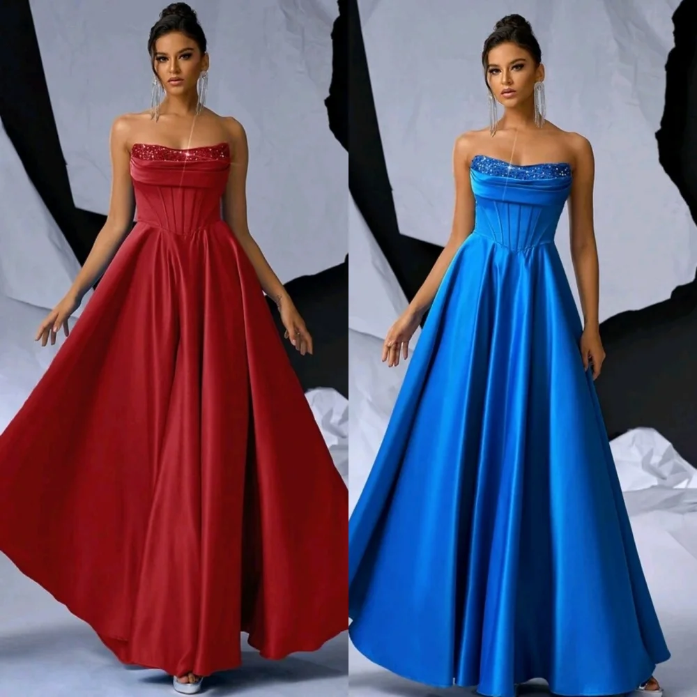 

Customized High Quality Exquisite Charmeuse Sequined Pleat A-line Strapless Long Dresses Bespoke Occasion Dresses Fashion Sexy