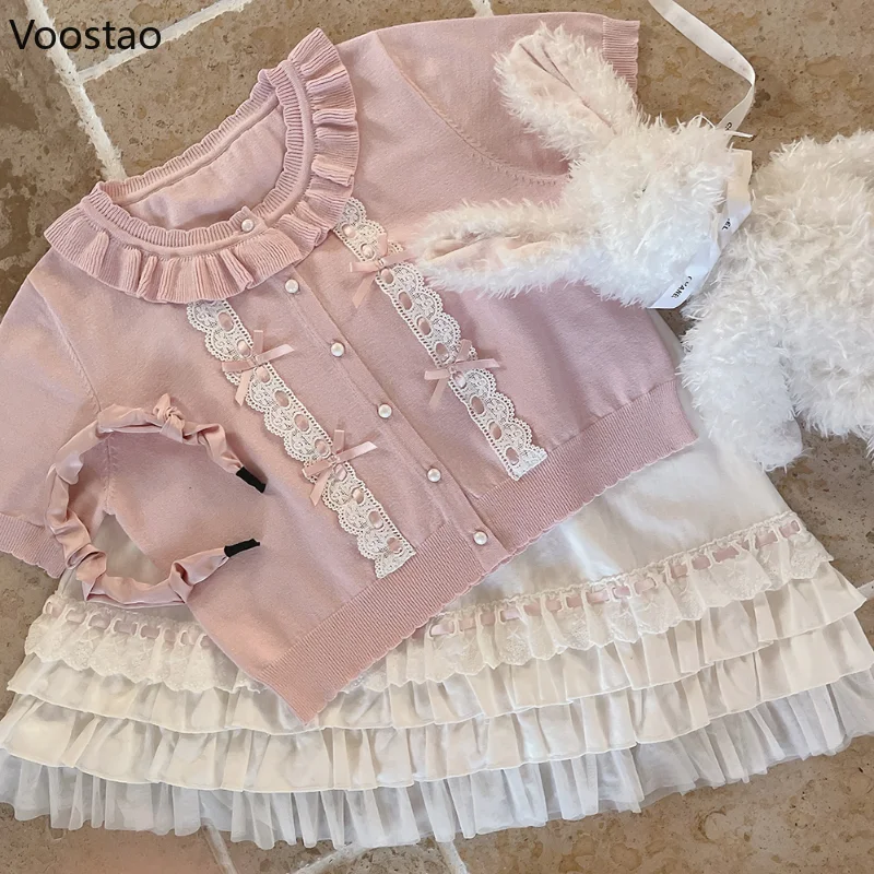Kawaii Lolita Knitted Cardigan Summer Women Sweet Lace Bow Ruffles O-Neck Short Sleeve Sweater Harajuku Cute Girls Clothes Tops