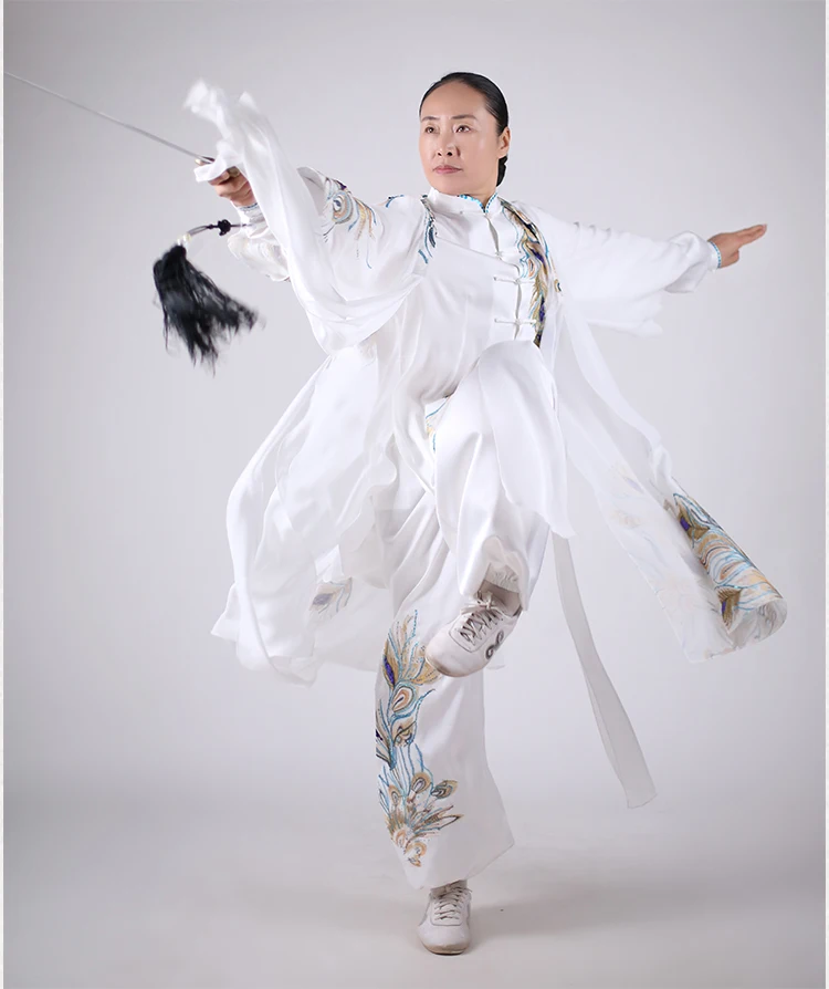 2025 Women's Tai Chi Baduanjin Qigong Suit - Sheer Sleeve Embroidery Martial Arts Performance Wear for Stage & Training