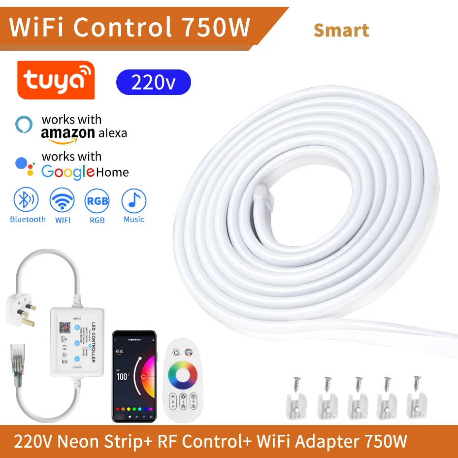 

UK Plug AC 220V Dimmable RGB LED Neon Strip Light Tuya WiFi RF Control Led Lamp Tape Waterproof For Indoor Deocoration Lighting