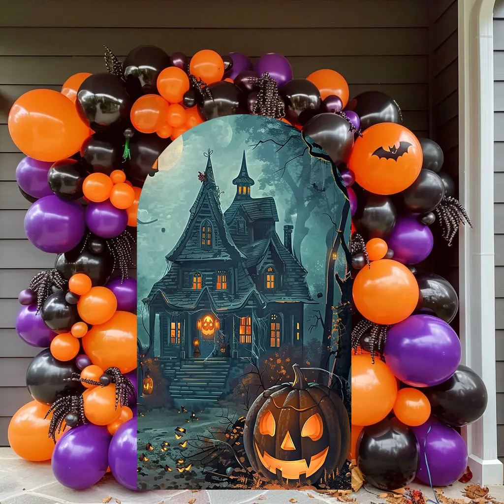 

Scary Pumpkin Lantern Castle Full Moon Arch Backdrop Cover,Halloween Party Decoration,Double-sides-Elasticity-Washable