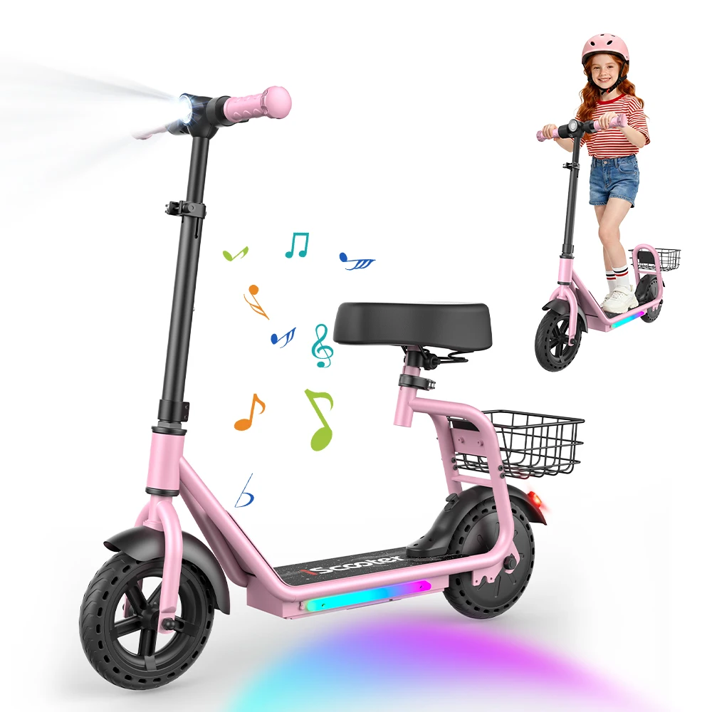 IScooter IK7 Elektrische Scooter voor Kinderen met Mandje & Afneembare Zitting 250W Motor 3 Snelheidsstanden 8,5 Inch Kinder Scooter Verstelbare Hoogte Bluetooth Muziekweergave E-Scooter Smart APP