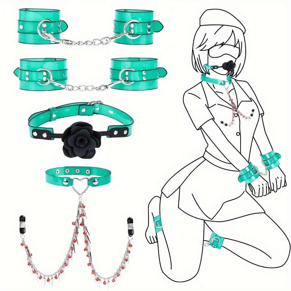 4PCS Bondage Kit PVC Faux Leather Restraint Set with Handcuffs Ankle Rose Ball Gag and Collar and Nipple Jewelry BDSM Sex Toys