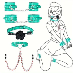 4PCS Bondage Kit PVC Faux Leather Restraint Set with Handcuffs Ankle Rose Ball Gag and Collar and Nipple Jewelry BDSM Sex Toys