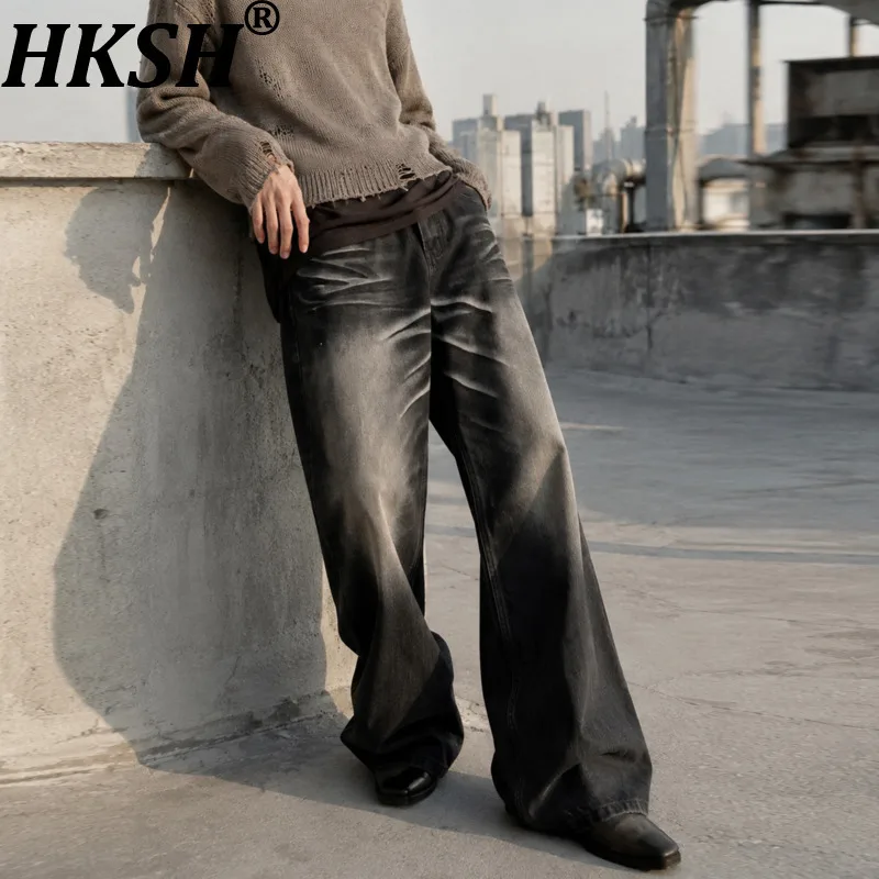 HKSH Spring Autumn Men Tide American-style Wide-Leg Straight Jeans Unisex Washed Distressed Trendy Chic Ins Denim Pants HK27040