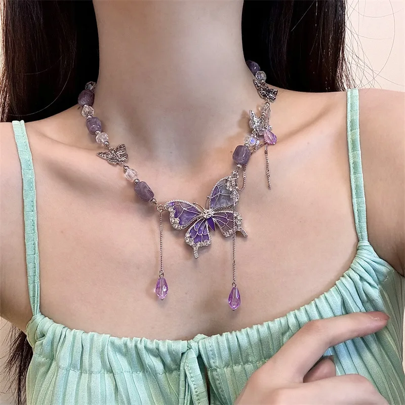 Purple Necklace for Women Crystal Butterfly Tassels Fashion Punk Style Jewelry Sweet Vintage Collares Para Mujer