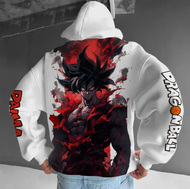 Luźna i wygodna bluza z kapturem z nadrukami postaci z anime Dragon Ball i polaru, odpowiednia zarówno dla mężczyzn, jak i kobiet.