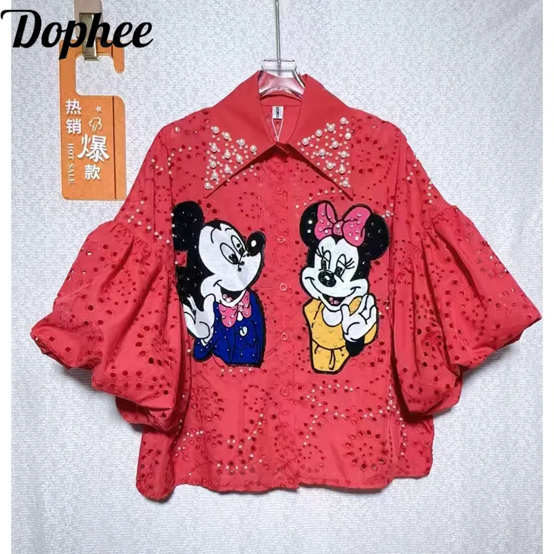 

Cartoon Embroidery Lantern Sleeve Women Blouses Summer Diamonds Hollow Out Loose Cardigans Top Beads Casual Students Shirts