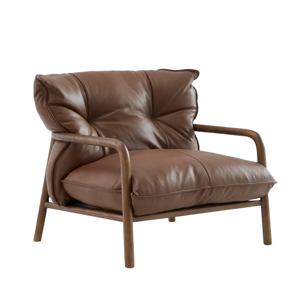 

Скандинавский современный одиночный диван-кресло, легкий роскошный кожаный стул из цельного дерева с простым дизайном для домашнего отдыха, шикарный шезлонг