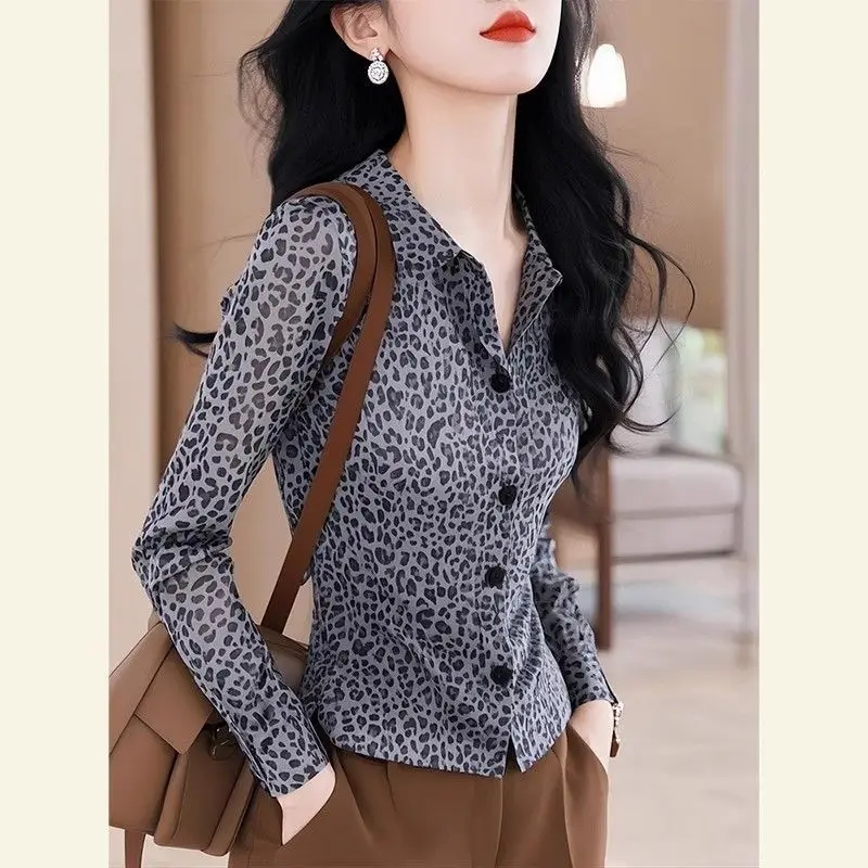 

2025 Autumn New Korean Fashion Leopard Turn-down Collar Long Sleeve Blouse Ladies Fashionable Buttons Cardigan Slim Shirts Tops