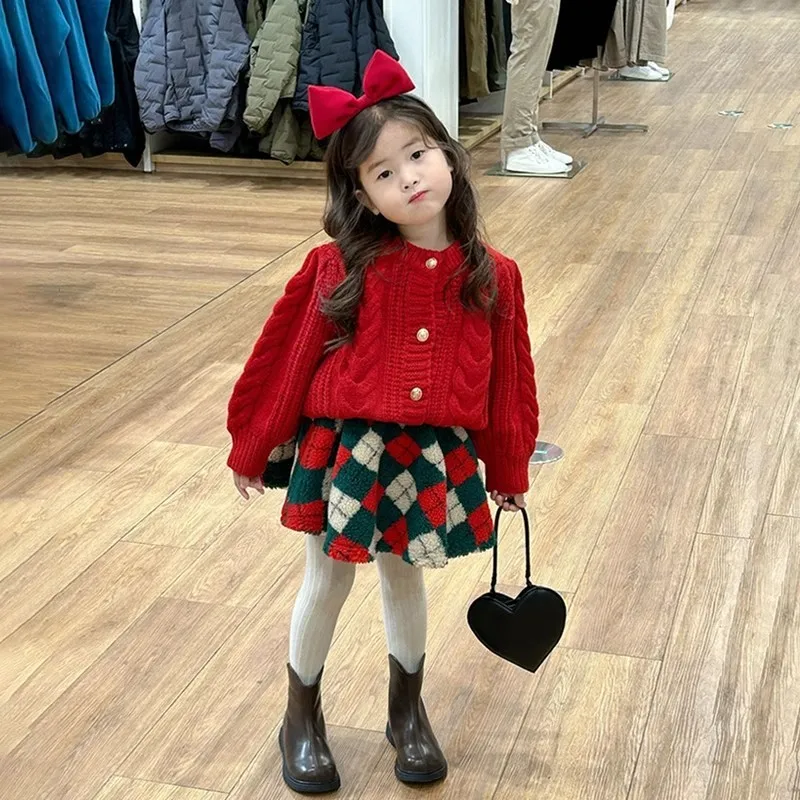 

Girls' Set 2025 Autumn/Winter New Baby Children's Red Sweater +Skirt 2PCS Set Christmas and New Year Clothes