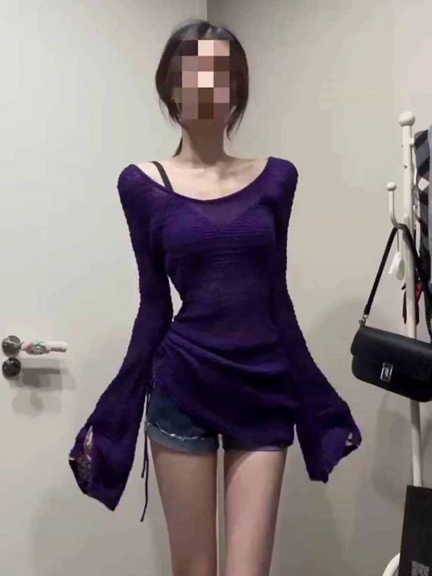 Women's Purple Y2k Knitted T-shirt Harajuku Tee Top Vintage 90s Women's Purple Y2k Knitted T-shirt Harajuku Tee Top Vintage 90s