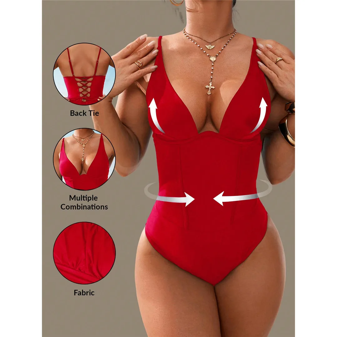 S - XL, V-Ausschnitt, Bauchformend, Damen-Badeanzug, einteiliger Badeanzug, Damen, mit Schnürung, hoher Beinausschnitt, gepolstert, Badebekleidung, Badeanzug, Modell V7547. – Detail 11