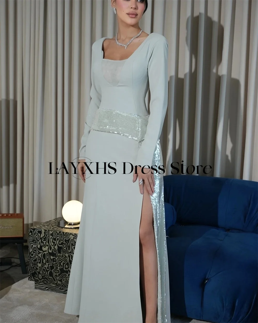 LAYXHS Vestido de noite com decote quadrado de alta qualidade, lantejoulas, sereia, manga comprida, fenda lateral, vestido de baile personalizado