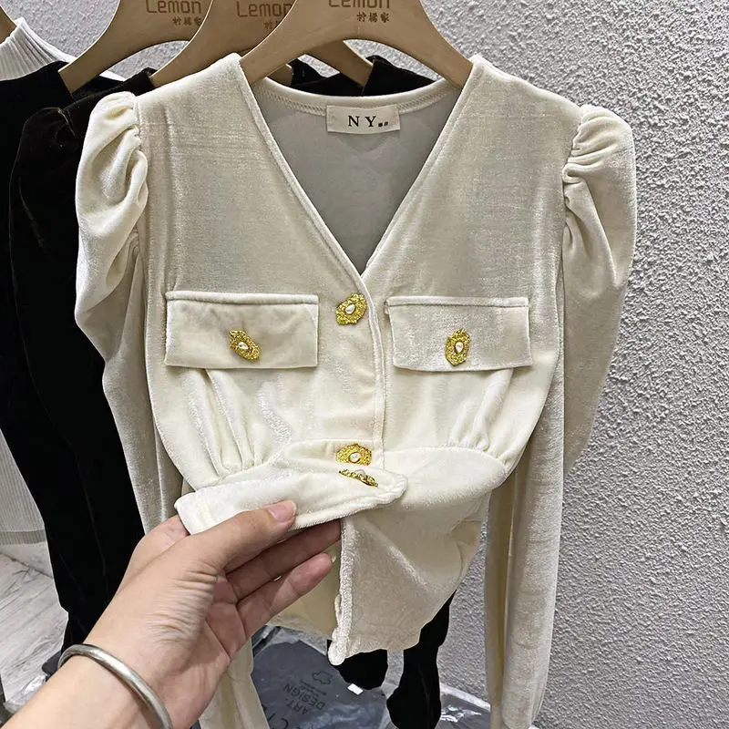 

New Long Sleeve Button Solid Vintage Shirt Tops Casual Fashion Women Clothing Elegant Gold Velvet Short Blouse Spring Autumn