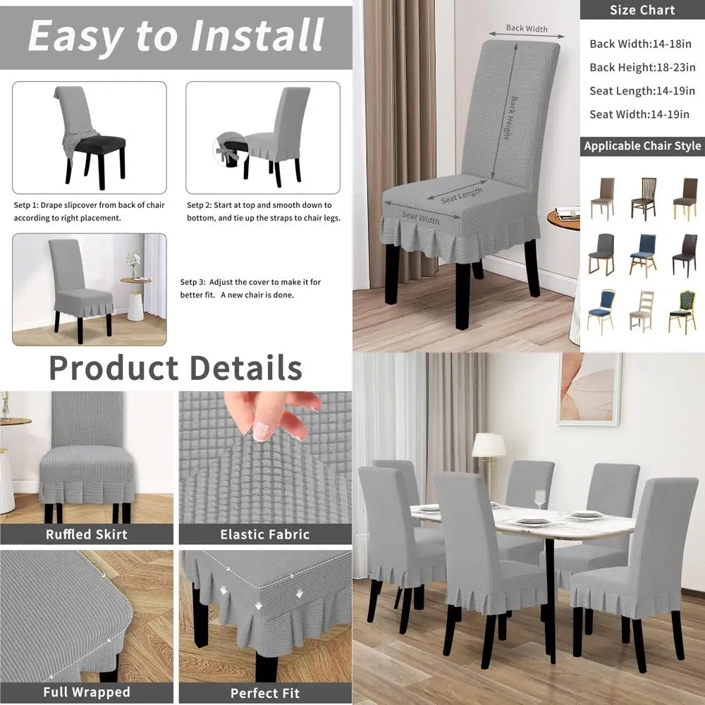 

Растягивающиеся чехлы для обеденных стульев с юбкой, набор из 8 шт., светло-серый