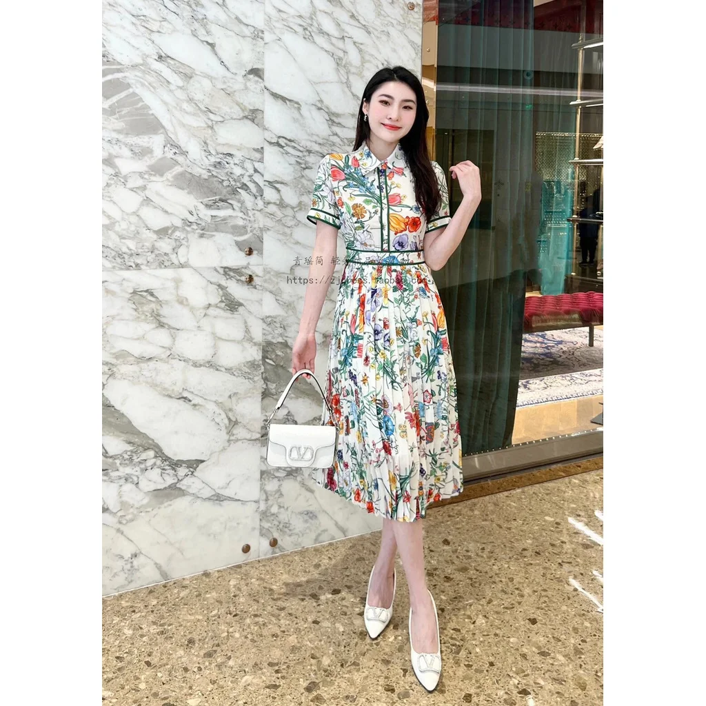 Fashion Floral Print Elegant Summer Pleated Midi Long Dress Shirt Street Casual Lady Office Work Dresses