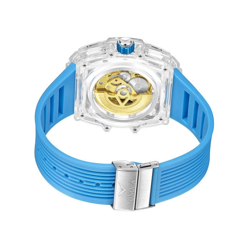 Fahion men watch ONOLA Sprot Plastic Transparent Hollow Full Automatic Mechanical Watches Men Waterproof Clock