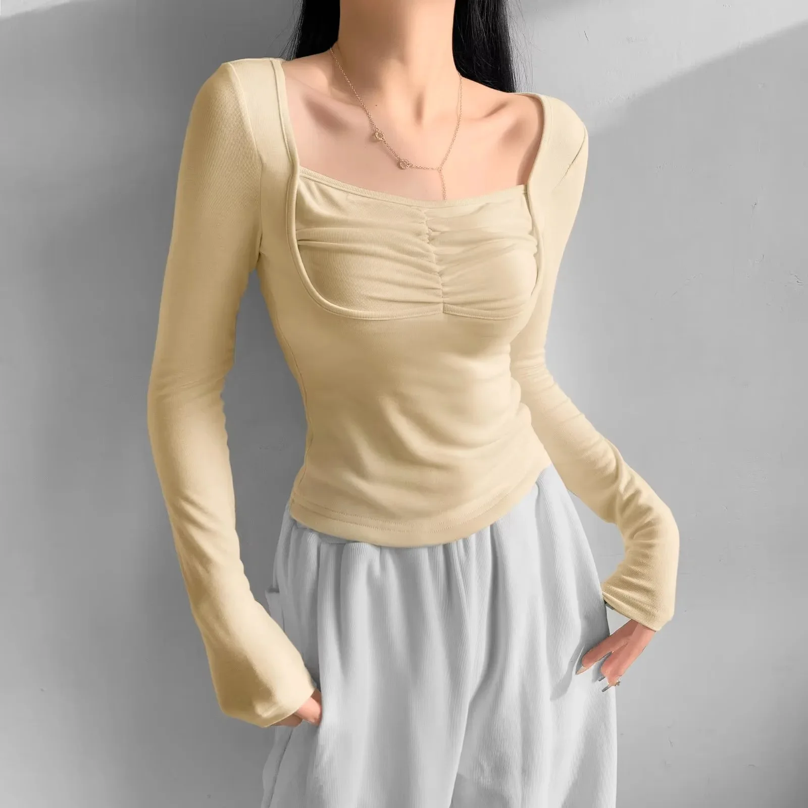 Spicy Girl Sexy Double Layered Pure Desire Long Sleeved T-shirt 2024 Spring/autumn New Sweetheart Square Neck Pleated Top C579