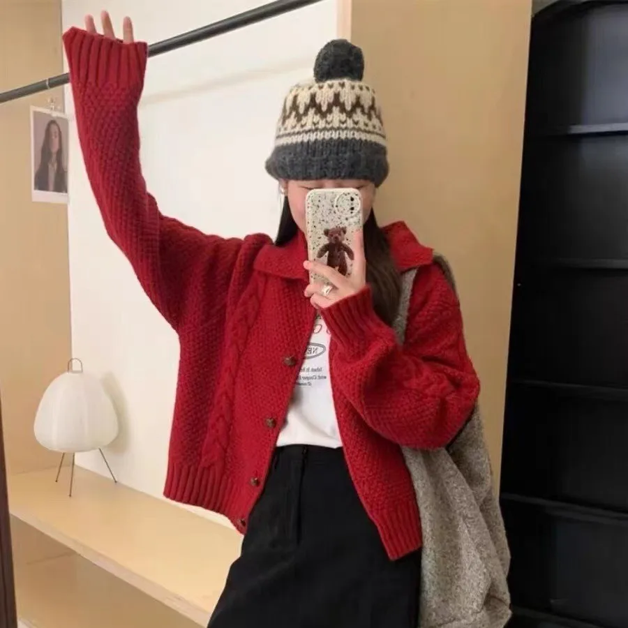 New Lapel Twist Solid Color Soft Waxy Sweater Women's Loose College Style Short Knitted Cardigan Jacket