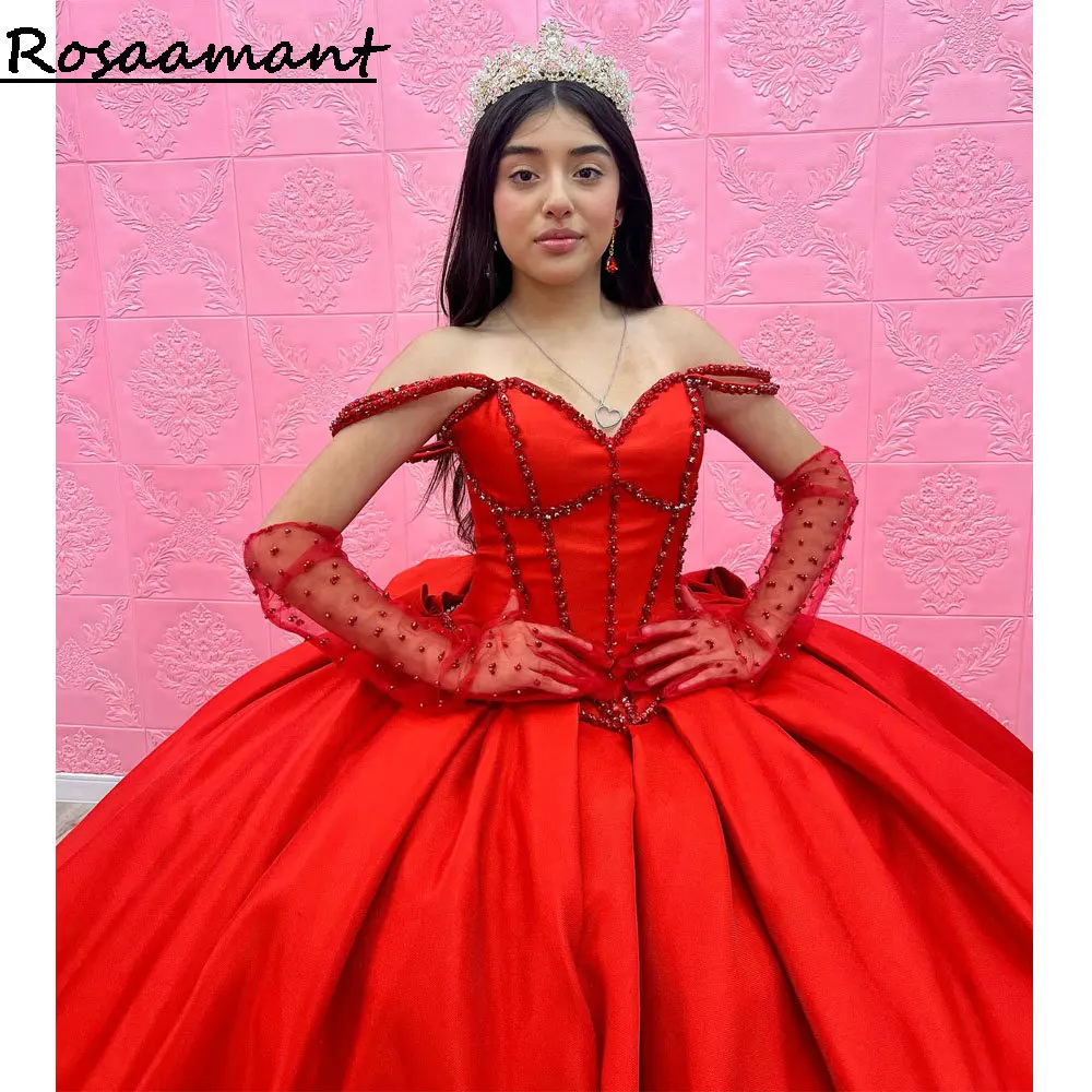 Rote Perlen Perlen Satin Quince anera Kleider von der Schulter Schleife Korsett Vestidos de 15 Años (ohne Handschuhe)