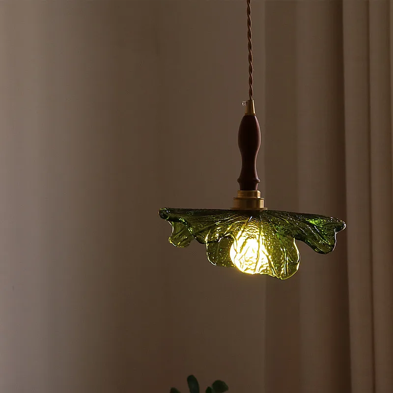 IWHD Creative Leaf LED Hanging Lamp For Living Room Kitchen Interior Lighting Vintage Copper Glass Pendant Lighting Hanglampen