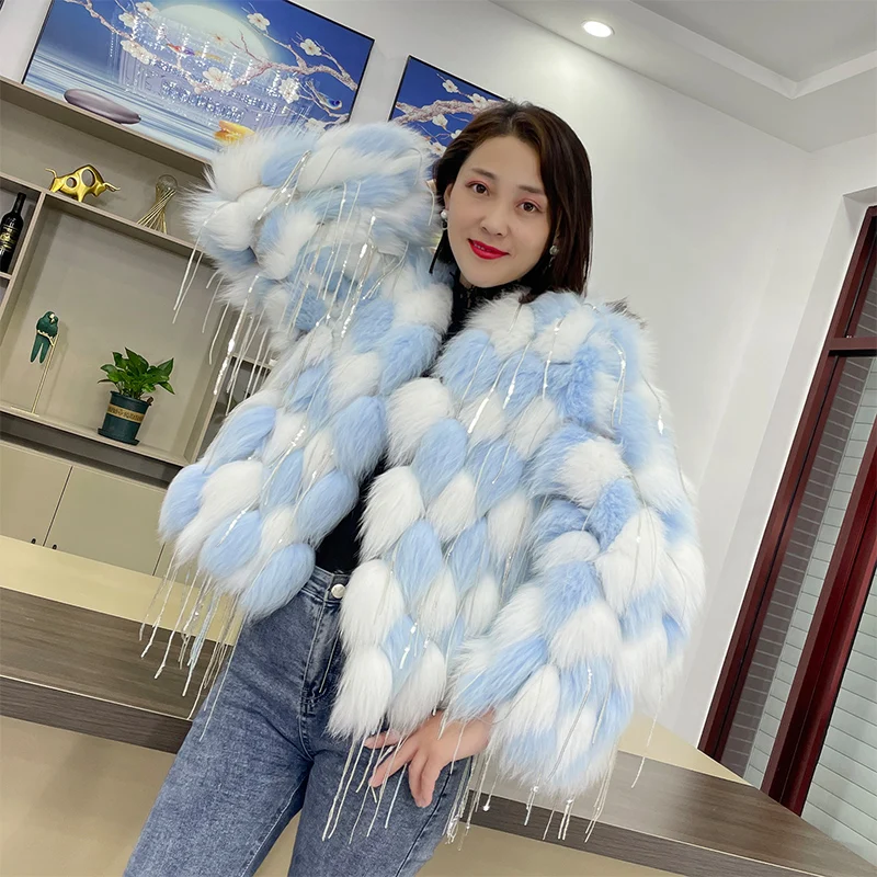 

Hot 2023 New Real Fox Fur Jackets Natural Fox Fur Coat With Tassels Fashion winter Warm fur Outwear women Coats Thick Jackets