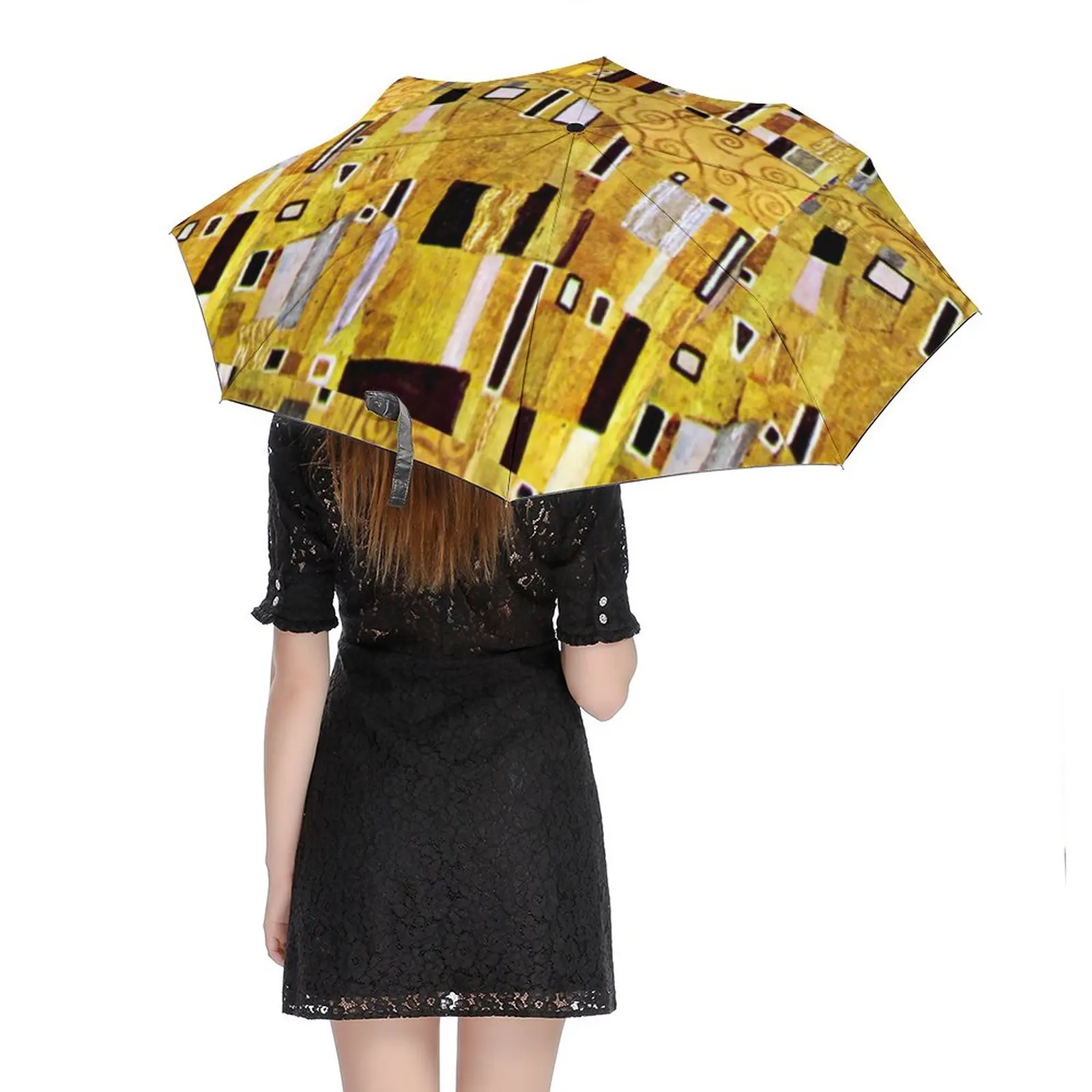 Gustav Klimt Umbrella The Kiss Pattern Windproof Sun Umbrella Aesthetic Automatic Print Folding Umbrella